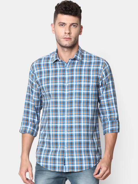 

CAVALLO by Linen Club Men Blue & Yellow Regular Fit Checked Casual Shirt