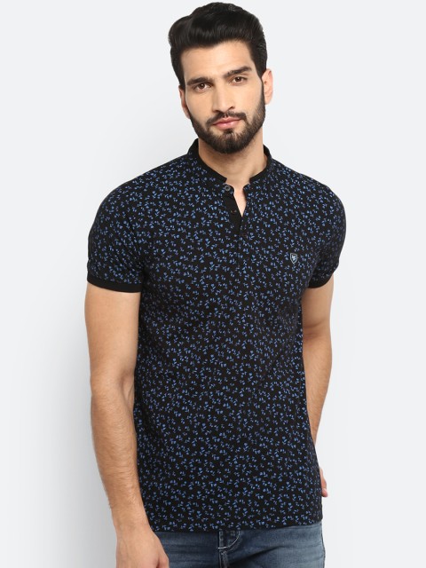 

Mufti Men Black & Blue Printed Mandarin Collar Slim Fit T-shirt