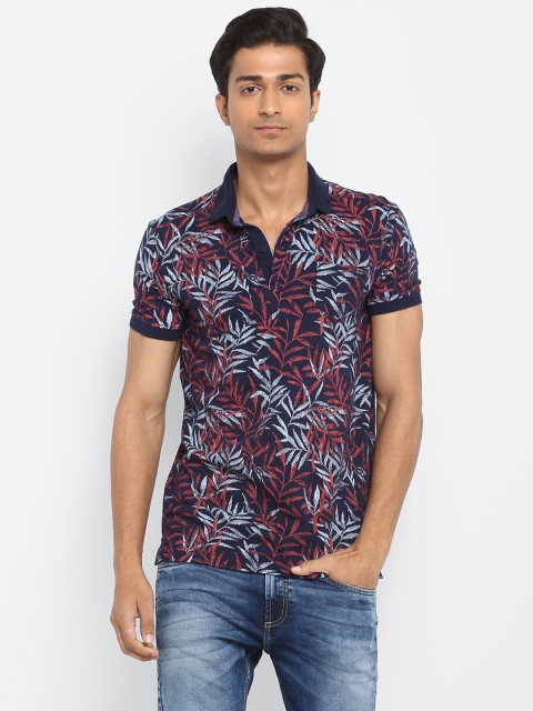 Mufti Men Navy Blue Printed Polo Collar Slim Fit Pure Cotton T-shirt