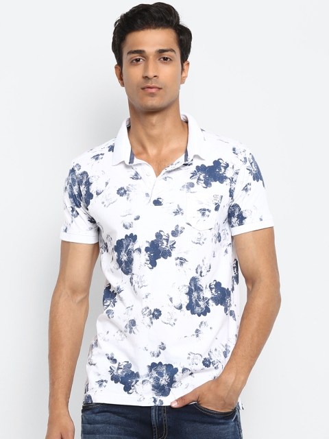 

Mufti Men White Blue Printed Polo Collar Slim Fit Pure Cotton T-shirt