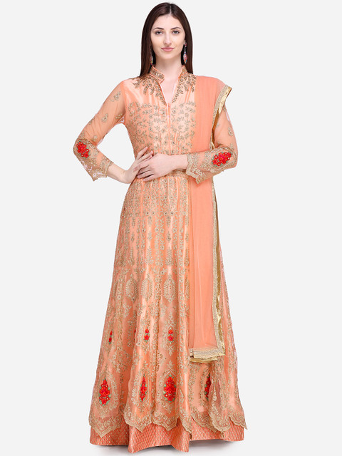 

Stylee LIFESTYLE Peach-Coloured Net Semi-Stitched Dress Material