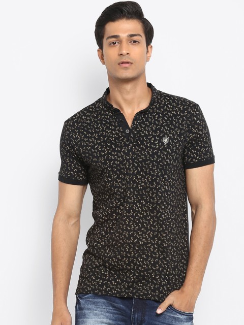

Mufti Men Black Printed Mandarin Collar Pure Cotton T-shirt