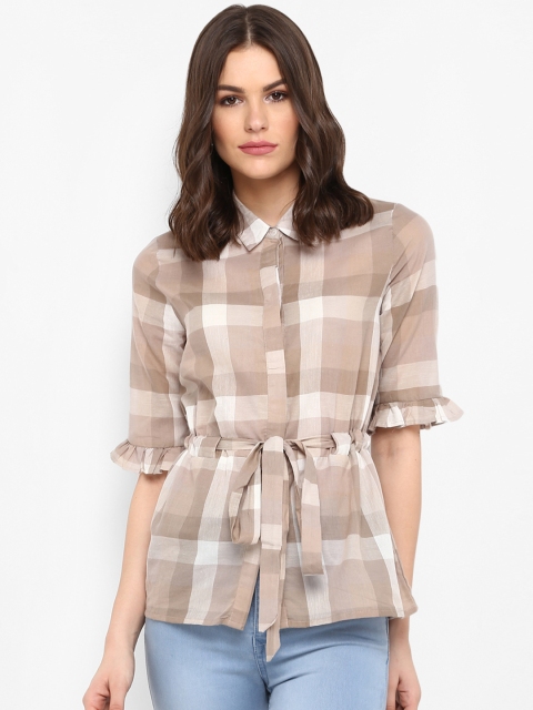 

MIAMINX Women Brown Checked Shirt Style Top