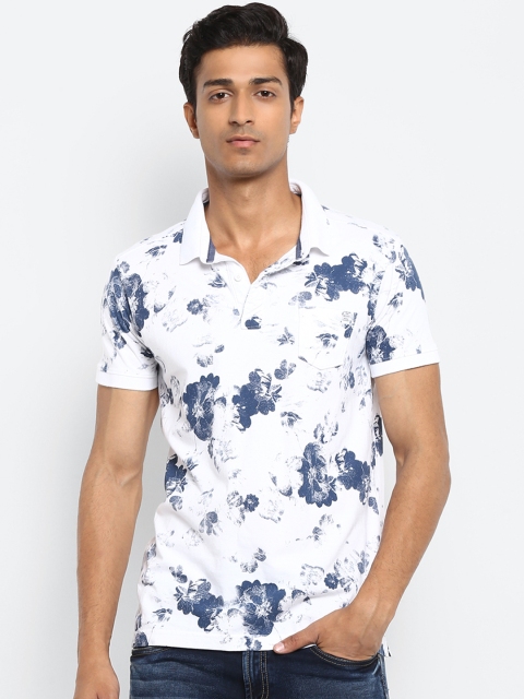

Mufti Men White Blue Printed Polo Collar Pure Cotton T-shirt