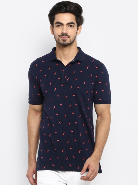 Mufti Men Navy Blue Printed Polo Collar T-shirt