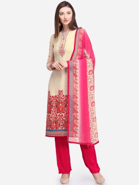 

Stylee LIFESTYLE Beige & Pink Poly Crepe Unstitched Dress Material