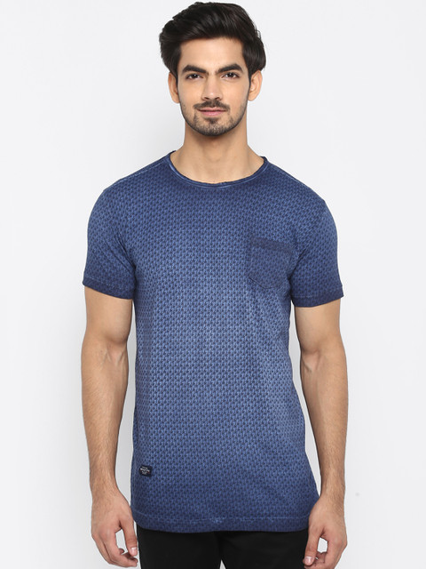 

Mufti Men Blue Printed Round Neck Slim Fit Pure Cotton T-shirt