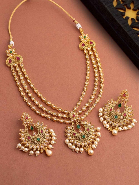 

Voylla Women Brass-Plated Stone-Studded Jewellery Set, Gold