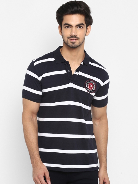 

Mufti Men Navy Blue & White Striped Polo Collar T-shirt
