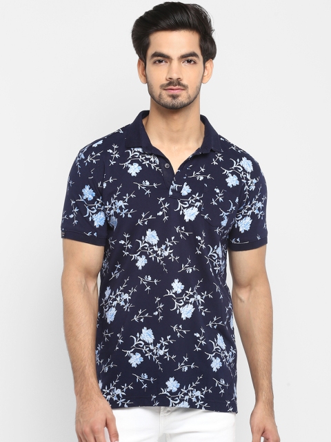 

Mufti Men Navy Blue White Printed Polo Collar Slim Fit Pure Cotton T-shirt