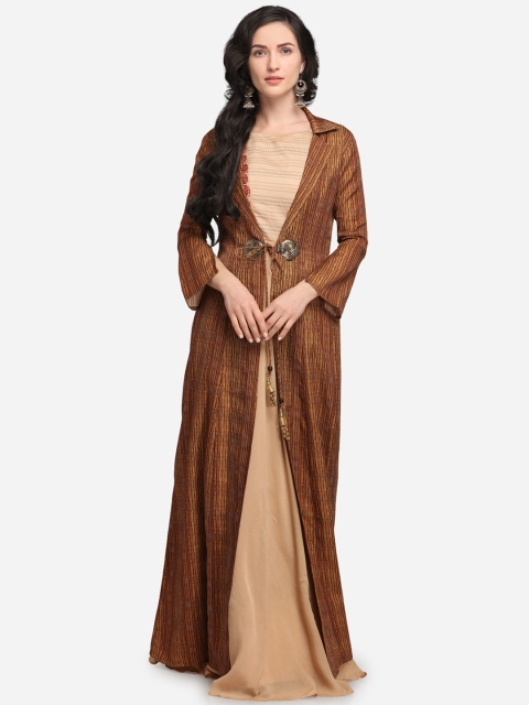 Stylee LIFESTYLE Beige & Brown Linen Semi-Stitched Gown Material