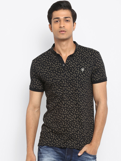 

Mufti Men Black & Brown Printed Mandarin Collar Slim Fit T-shirt