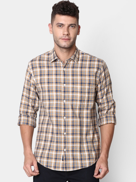 

CAVALLO by Linen Club Men Cotton Linen Brown Regular Fit Checked Casual Shirt