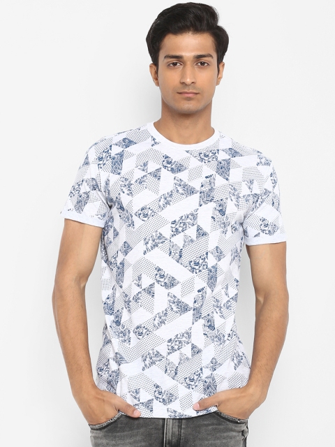 

Mufti Men Grey Melange Blue Printed Round Neck Pure Cotton T-shirt