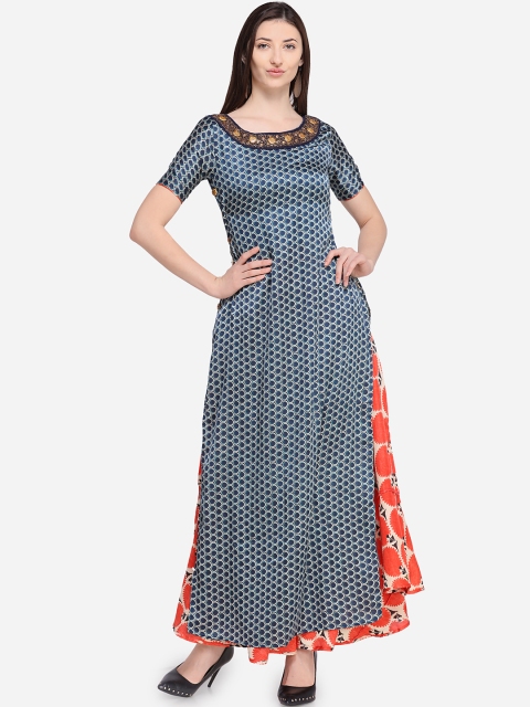 

Stylee LIFESTYLE Blue & Orange Satin Semi-Stitched Dress Material