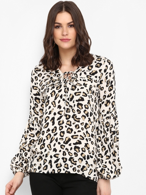 

MIAMINX Women Cream-Coloured & Black Printed A-Line Top