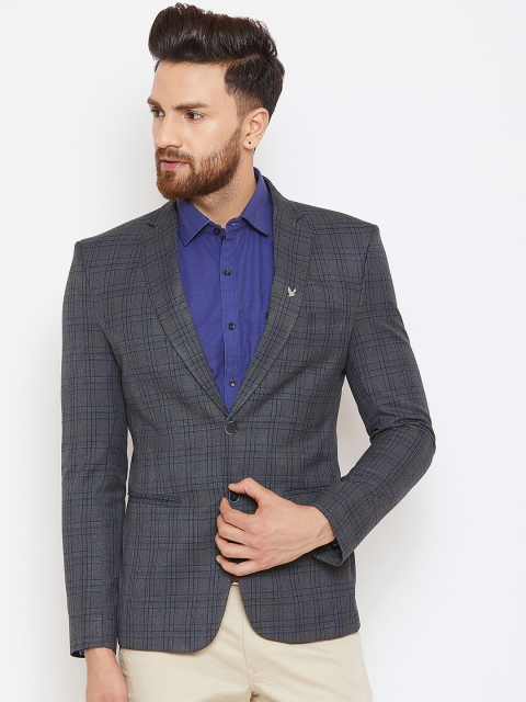 

Canary London Men Blue & Grey Checked Slim-Fit Single-Breasted Blazer