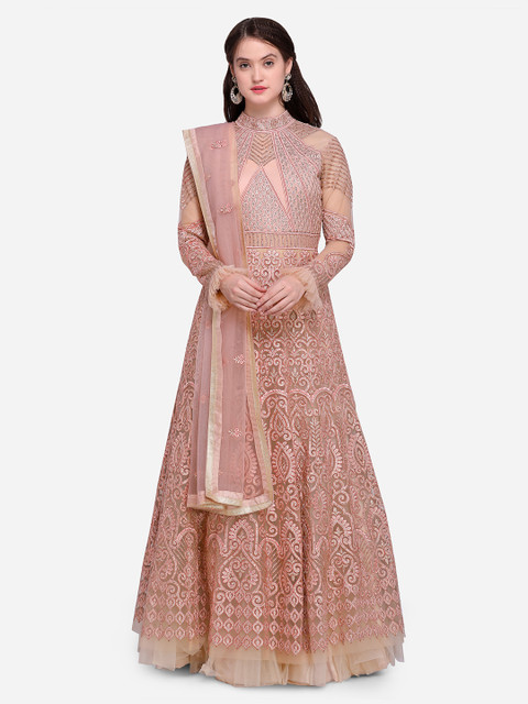 

Stylee LIFESTYLE Pink Net Embroidered Semi-Stitched Dress Material
