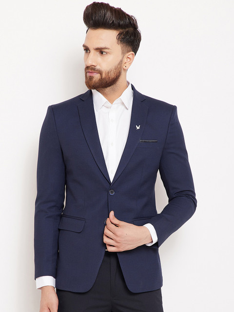 

Canary London Navy Blue Self-Design Slim-Fit Single-Breasted Blazer