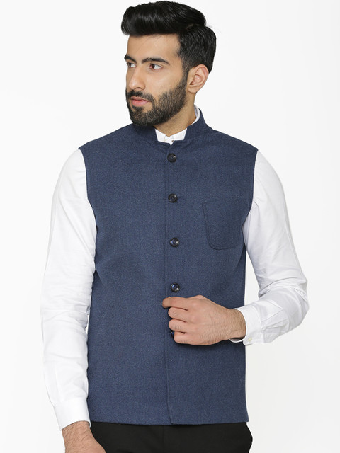 

Wintage Men Blue Woven Design Nehru Jacket
