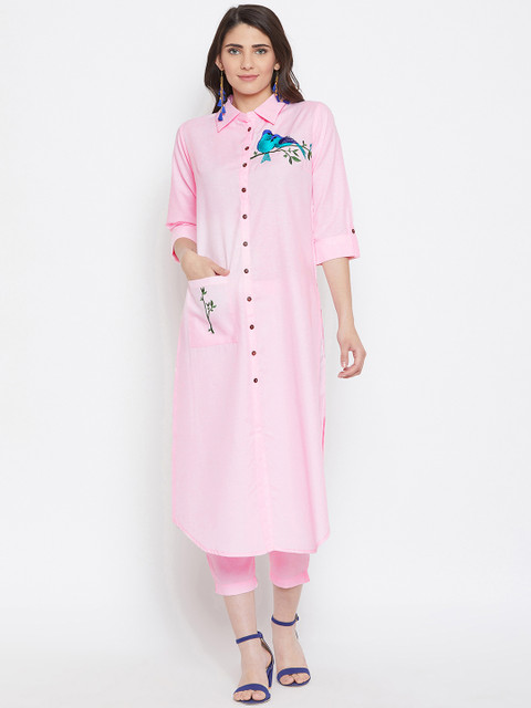 

Bitterlime Women Pink Embroidered Kurta with Trousers