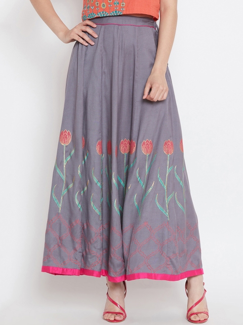 Bitterlime Women Grey Block Print Flared Maxi Skirt