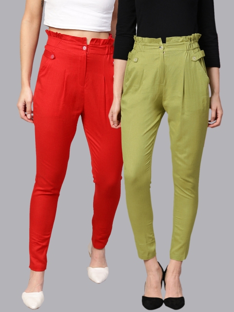 

Tulsattva Women Pack Of 2 Tapered Fit Solid Cropped Peg Trousers, Red