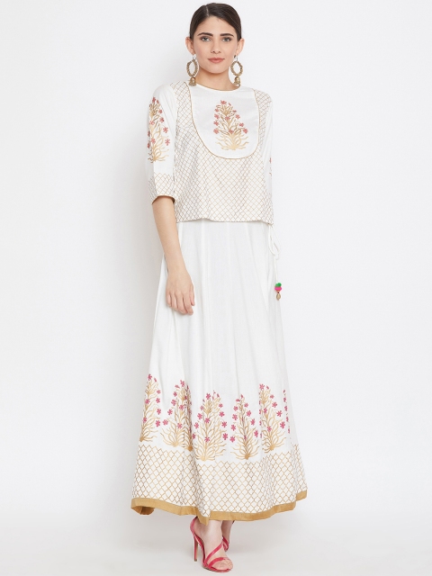 

Bitterlime Women White & Gold-Coloured Self Design Top with Skirt