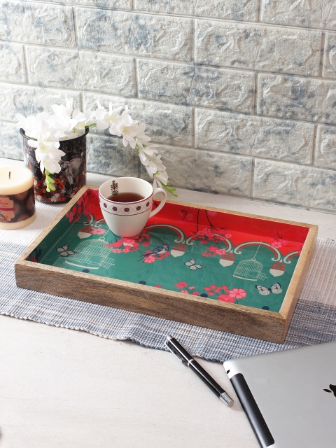 

India Circus by Krsnaa Mehta Sea Green & Brown Printed Wooden Serving Tray