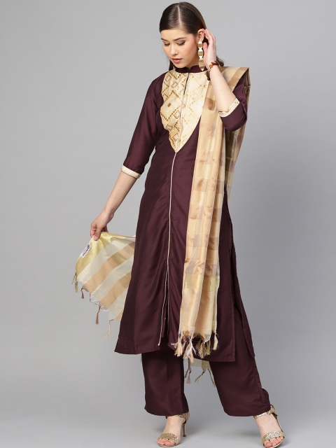 

Inddus Women Maroon & Cream-Coloured Yoke Design Kurti with Palazzos & Dupatta