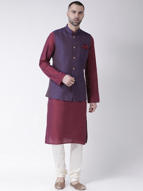 

KISAH Men Maroon & Cream-Coloured Solid Kurta with Churidar & Nehru Jacket