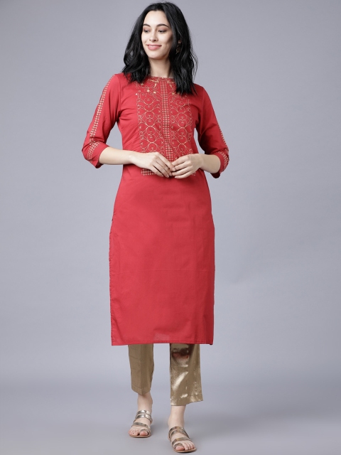 

Vishudh Women Red Yoke Design Straight Kurta