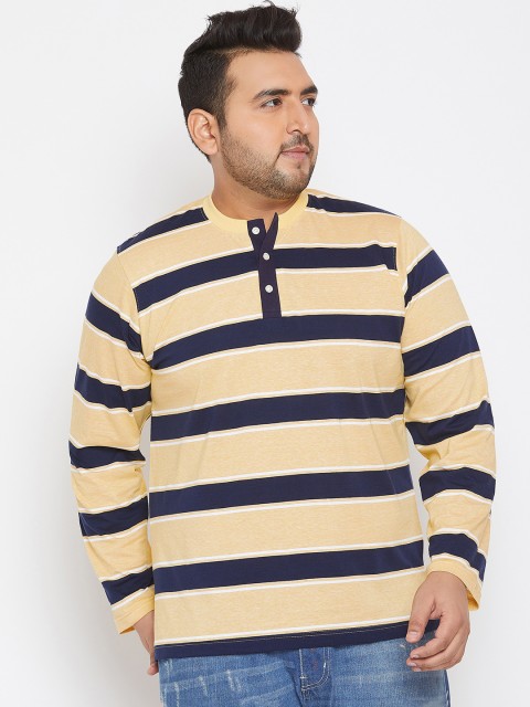 

bigbanana Plus Size Men Yellow Navy Blue Striped Henley Neck T-shirt