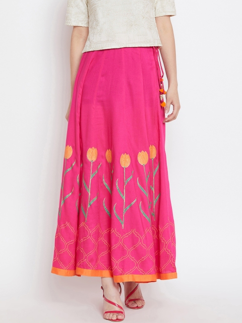 

Bitterlime Women Pink Block Print Flared Maxi Skirt