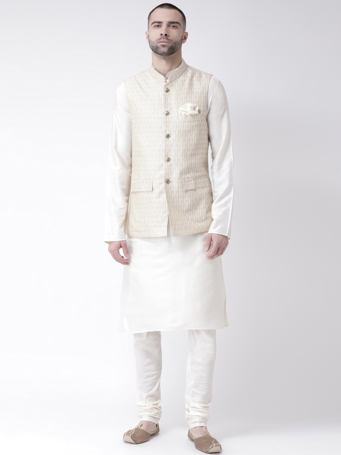 

KISAH Men White & Cream-Coloured Solid Churidar Kurta with Nehru Jacket
