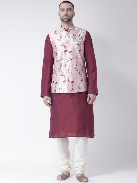 

KISAH Men Pink Printed Kurta with Churidar & Nehru Jacket