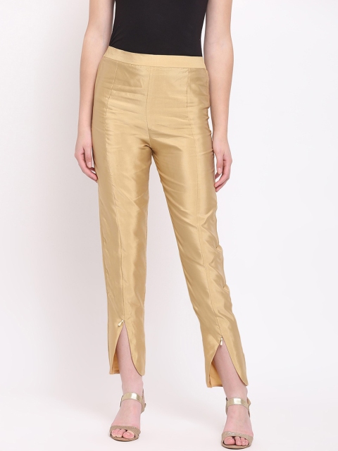 

RIVI Women Gold-Toned Regular Fit Solid Silk Regular Trousers