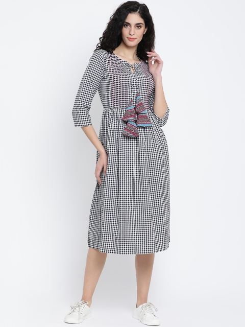 

FABNEST Women Black Checked Fit and Flare Dress