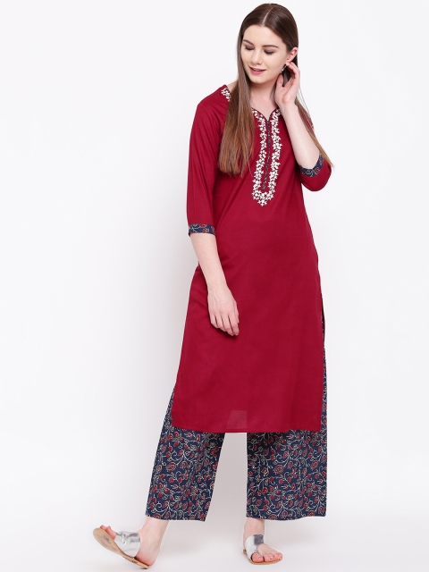 

Khushal K Women Maroon & Navy Blue Embroidered Kurti with Palazzos