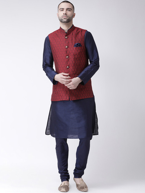 

KISAH Men Navy Blue Self Design Kurta with Churidar & Nehru Jacket