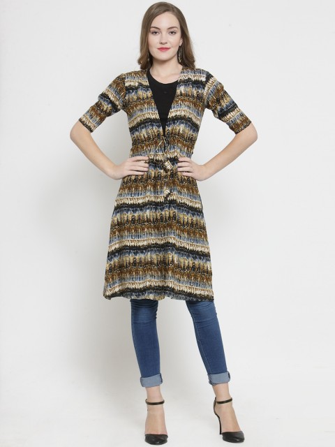 

Indibelle Yellow & Brown Printed Open Front Shrug