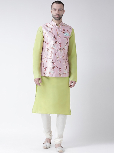 

KISAH Men Pink Printed Kurta with Churidar & Nehru Jacket