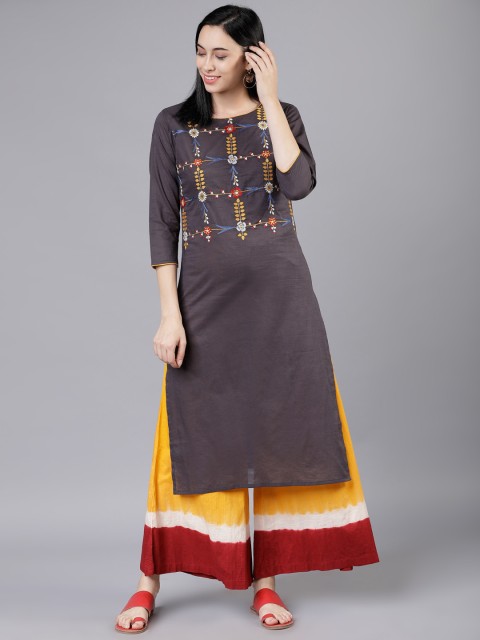 

Vishudh Women Grey & Yellow Embroidered Kurta with Palazzos