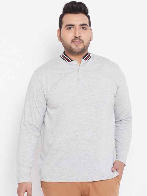 

bigbanana Plus Size Men Grey Melange Solid Mandarin Collar T-shirt