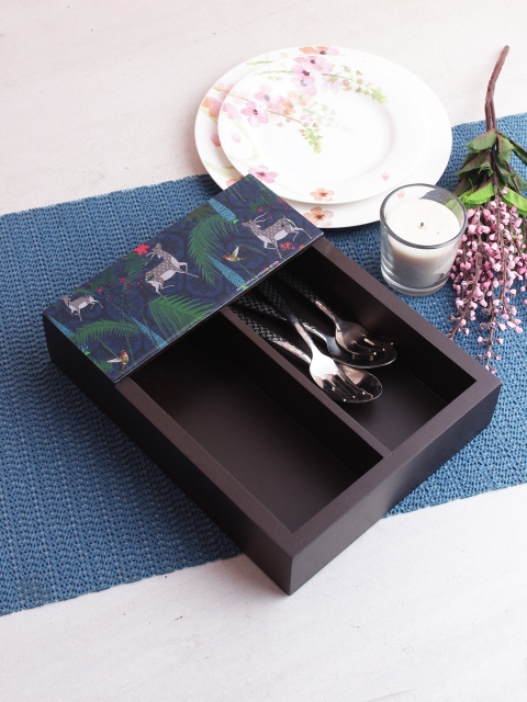 

India Circus by Krsnaa Mehta Blue & Brown Printed Wooden Cutlery Holder