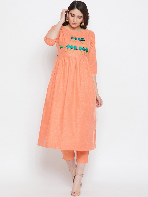 

Bitterlime Women Peach-Coloured Embroidered Kurta with Trousers