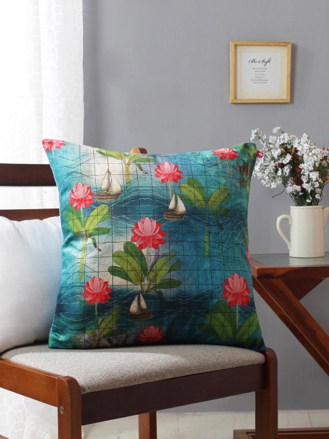

India Circus by Krsnaa Mehta Teal Blue Floral Printed Single Square Cushion Cover