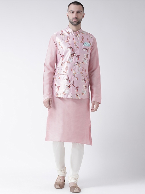 

KISAH Men Pink Printed Kurta with Churidar & Nehru Jacket