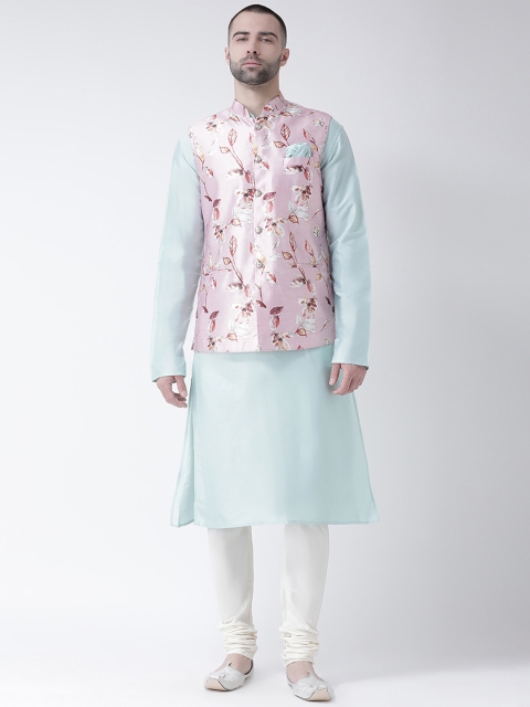 

KISAH Men Turquoise Blue Kurta with Churidar & Pink Printed Nehru Jacket