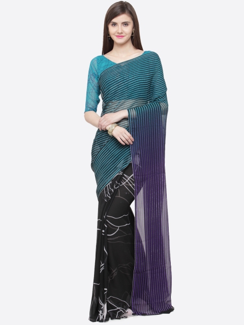 

Shaily Blue & Black Pure Georgette Printed Half & Half Saree